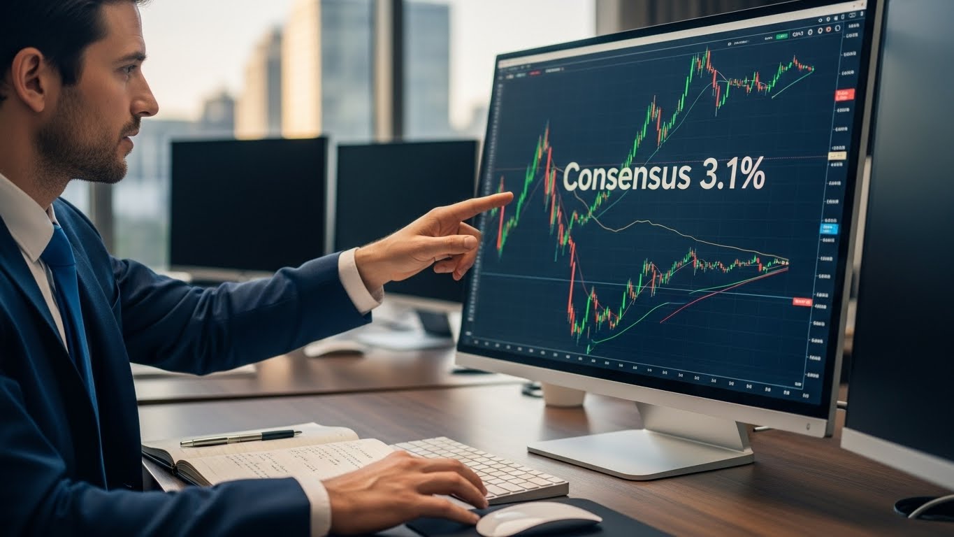 A professional financial analyst pointing at a screen displaying 'Consensus 3.1%', analyzing the market expectation.