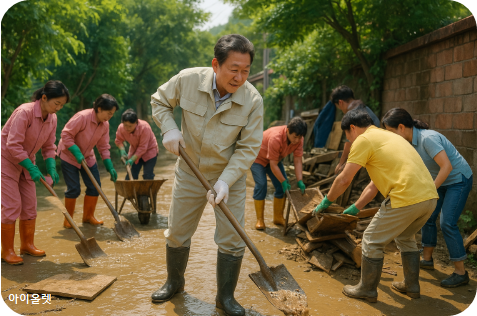 피해 현장에서 봉사자들과 함께 구슬땀을 흘리는 모습 재현(AI)
