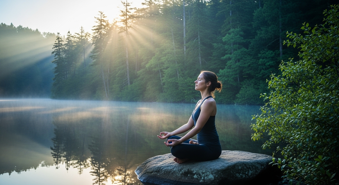 숲속이나 호숫가에서 평화롭게 요가 또는 명상을 하는 사람의 모습. 건강과 내면의 평화를 상징하는 차분한 분위기.