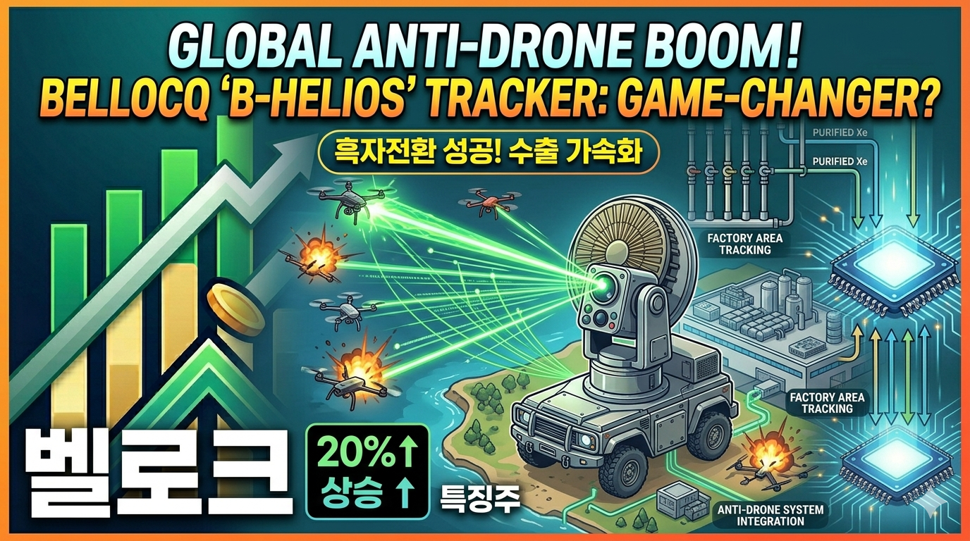 통합 보안솔루션 전문기업 벨로크(424760)의 주가 폭등과 안티드론 수혜를 나타내는 썸네일 이미지. '흑자전환 성공! 안티드론 수혜 대폭 상승&uarr; 특징주'라는 강력한 타이틀과 함께 우상향하는 초록색 화살표와 막대그래프가 배치되어 있습니다. 오른쪽에는 드론 탐지 및 대응 플랫폼 '비-이지스(B-Aegis)'와 안티드론 엣지 트래커 '비-헬리오스(B-Helios)'가 드론 위협을 무력화하는 전술적 모습을 시각화하고 있으며, 하단에는 '벨로크 상승&uarr; 특징주'라는 문구가 강조되어 실시간 급등주임을 직관적으로 표현하고 있습니다.