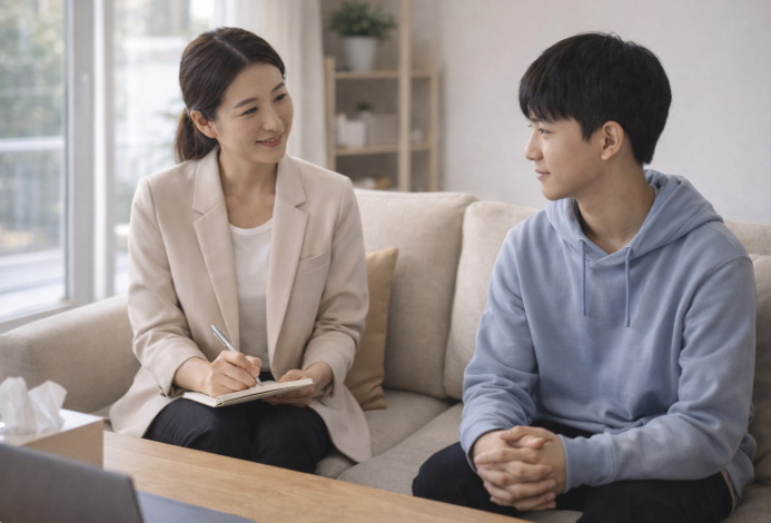 청소년이 상담사와 마주 앉아 이야기를 나누는 모습