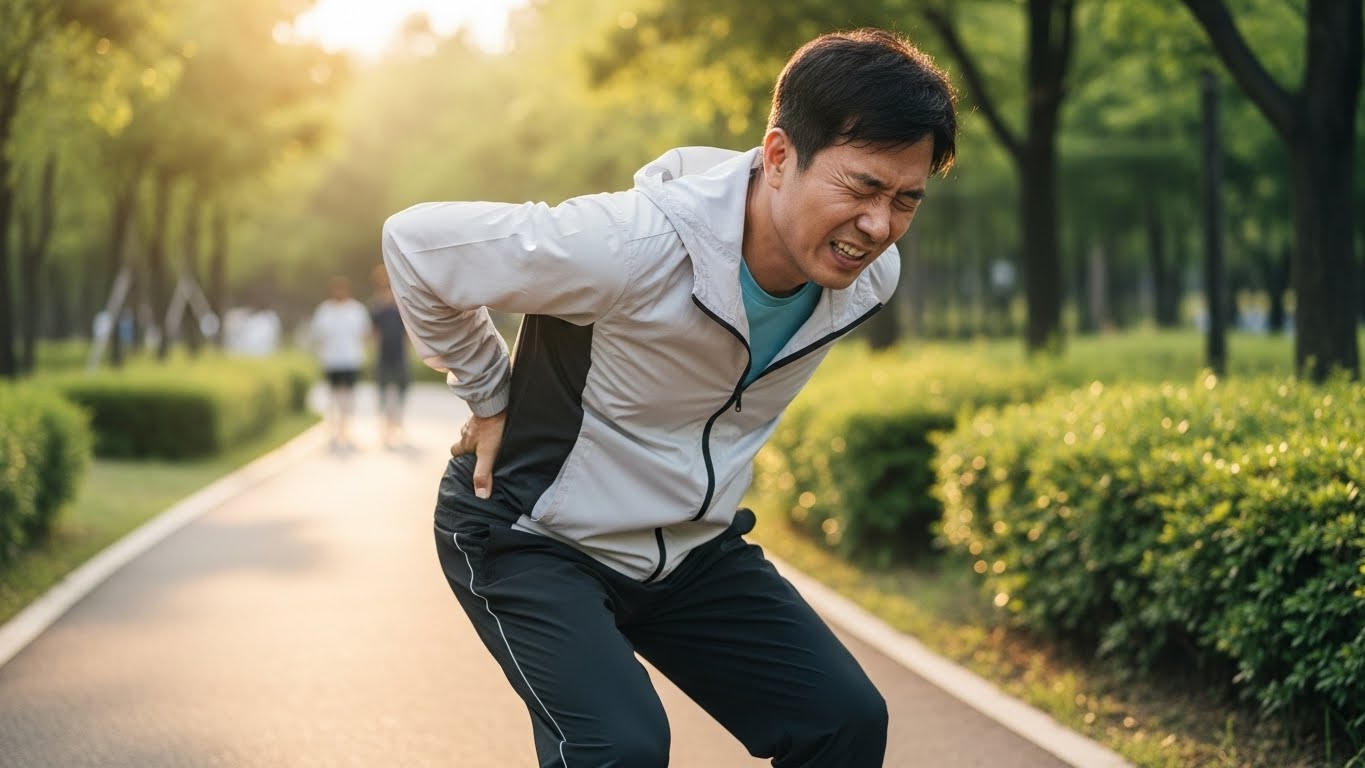 공원을 걷다가 갑작스러운 허리 통증을 느껴 허리를 잡고 멈춰 선 한국 중년 남성의 모습