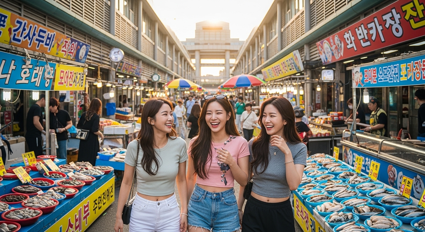 수산물 축제를 즐기는 여성들