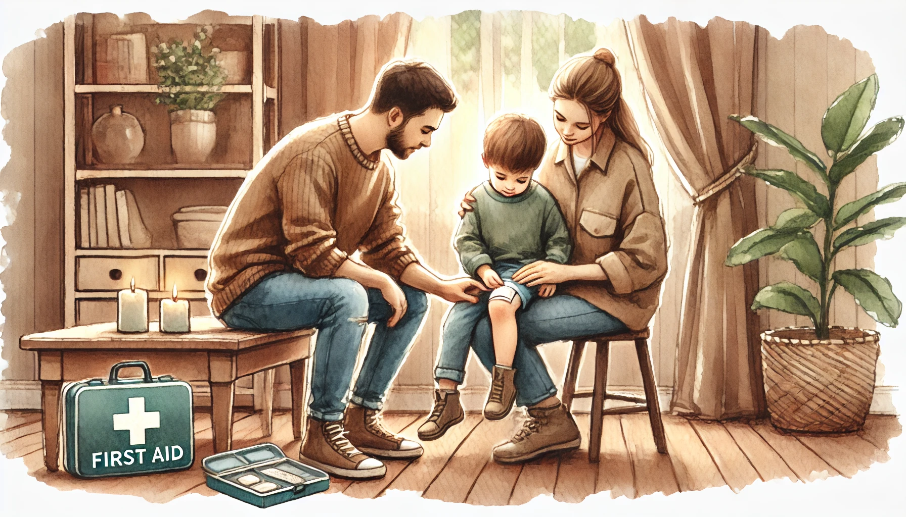 실에서 부모가 아이의 무릎 상처에 붕대를 감아주며 응급처치를 하는 모습을 담은 수채화 스타일 일러스트, 따뜻하고 배려 가득한 분위기
