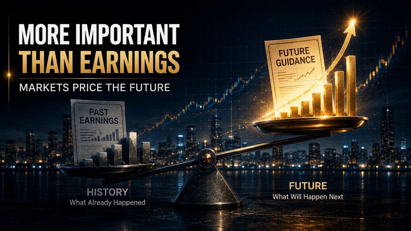 Illustration showing that markets price future guidance rather than past earnings.