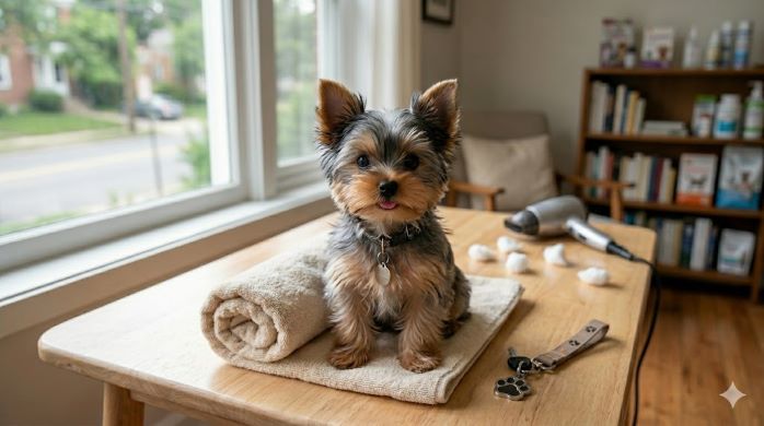 첫 목욕을 마치고 뽀송해진 요크셔테리어 사진