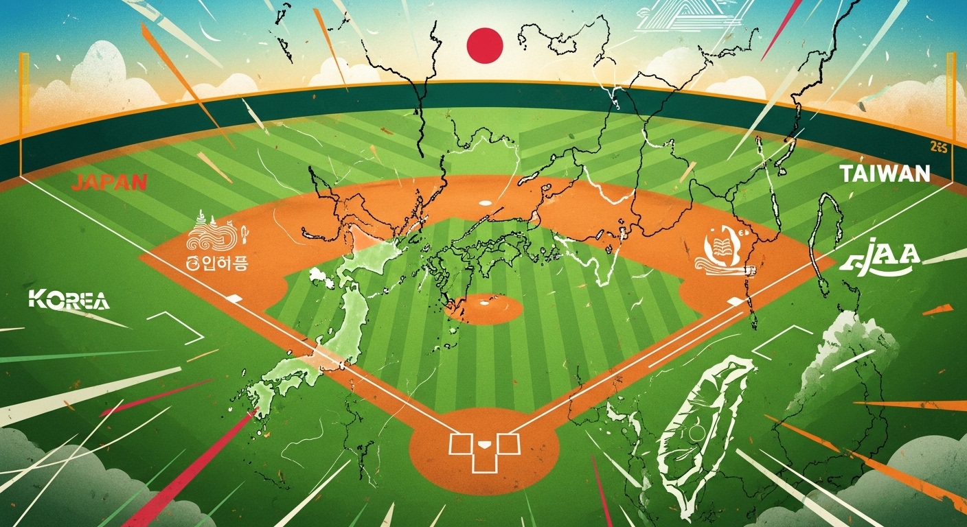 동아시아 지도 위 야구장이 활기찬 모습으로 표현된 일러스트. 한국, 일본, 대만에 야구가 전파된 역사적 배경을 상징적으로 보여줍니다.