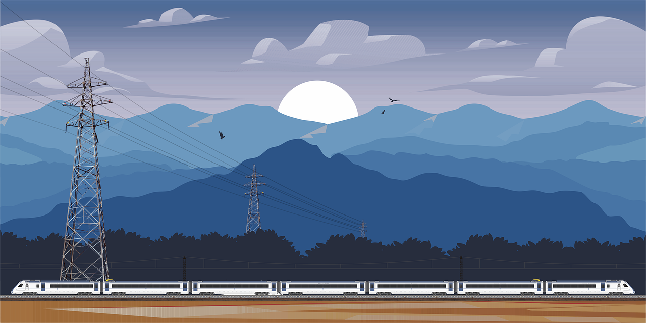 넓게 펼쳐진 산들 뒤로 해가 넘어가고 있고 산 아래로는 송전탑 3개가 있으며, 그 아래에는 7개의 칸으로 이루어진 열차가 달리고 있다.