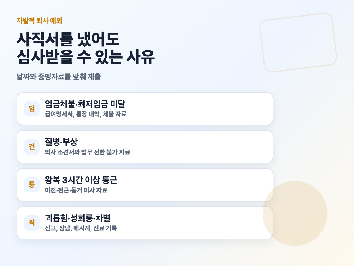 임금체불 질병 직장 내 괴롭힘 통근 곤란 자발적 퇴사 예외 카드