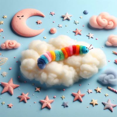 무지개 색 애벌레가 구름 위에 누워있는 장면.