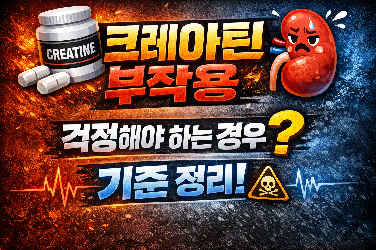 크레아틴 부작용이 걱정되는 경우와 섭취 기준을 설명한 이미지, 크레아틴 보충제와 신장 아이콘
