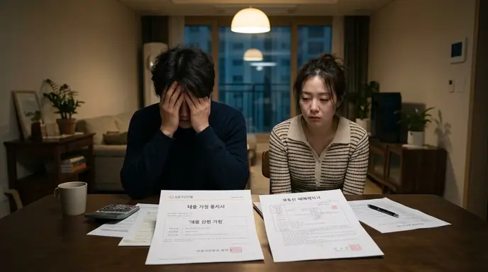 대출 거절 서류와 부동산 계약서를 보며 좌절하는 매수자의 모습