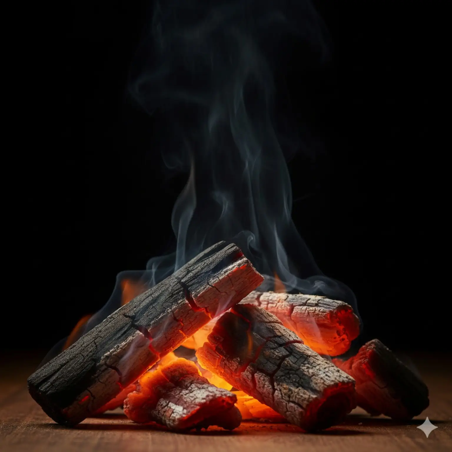 고온에서 타오르는 숯이 붉게 달아오르며 연기를 내뿜는 모습으로, 숯 가열 과정에서 발생할 수 있는 일산화탄소 위험을 보여주는 이미지