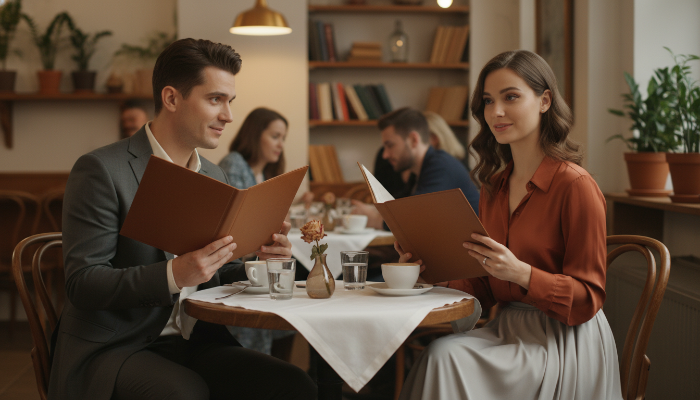 카페에서 메뉴를 보며 대화하는 소개팅 남녀의 모습. 약간의 긴장감과 기대감이 엿보인다.