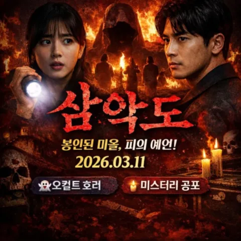 불타는 봉인 마을을 배경으로 채소연과 마츠다가 대치하는 오컬트 공포영화 삼악도 포스터