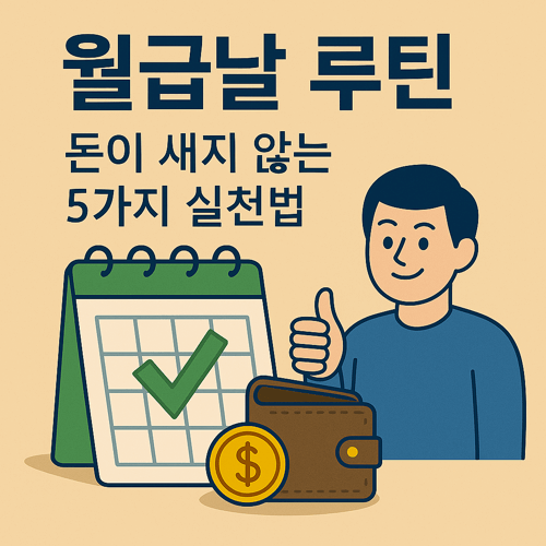 월급날 루틴으로 돈이 새지 않도록 관리하는 5가지 실천법을 주제로 한 썸네일 이미지로, 체크된 달력과 지갑, 금화, 엄지를 치켜든 남성 캐릭터가 포함된 재정관리 일러스트