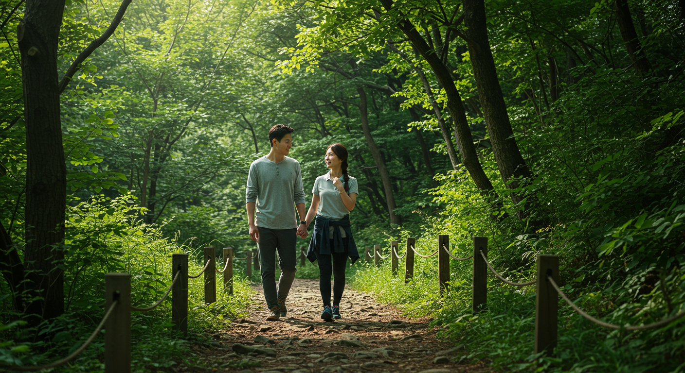 동해 무릉계곡 옆 산책길을 한국인 연인이 걷는 모습