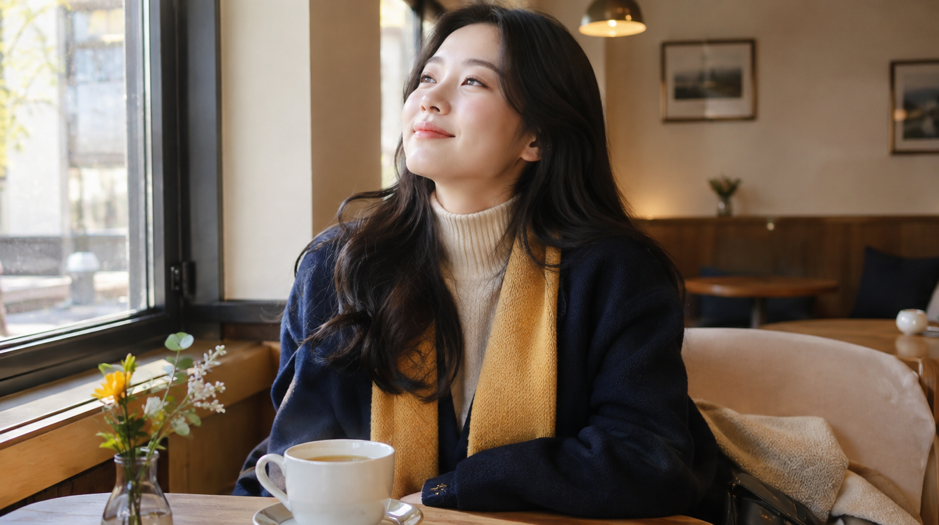 약속 장소에 일찍 도착해 편안하게 미소 짓는 여성, 첫인상을 위한 준비
