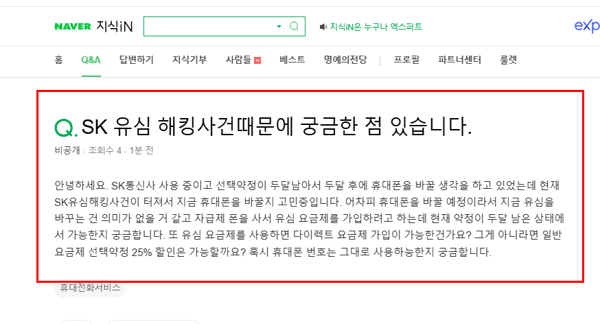 sk 유심 해킹 사건 질문 지식인