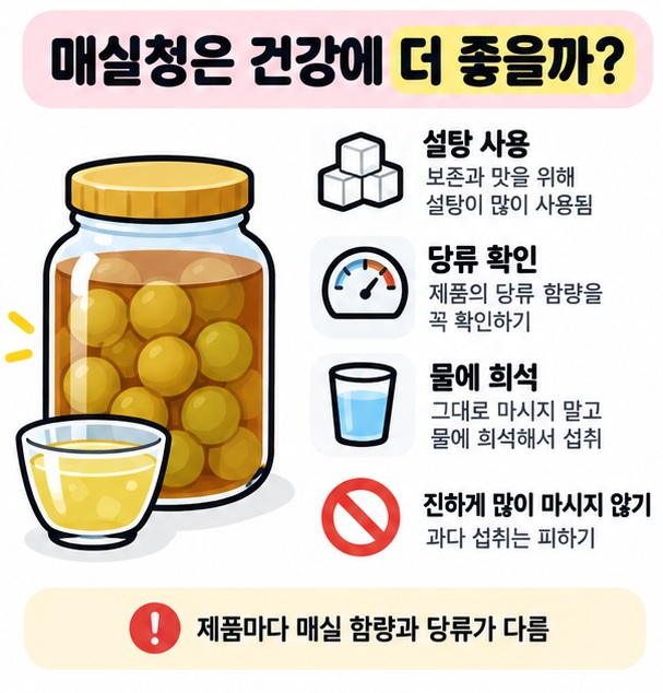 매실청과 당류 확인, 희석해서 적당량 마시는 모습을 보여주는 그림