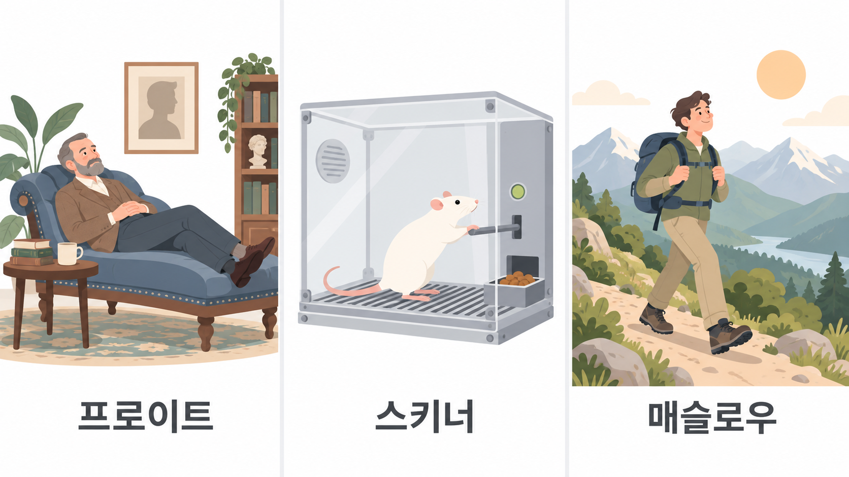 소파에 누운 환자, 상자 속 실험용 쥐, 산을 오르는 건강한 사람을 나란히 그린 그림