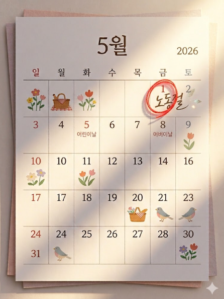 5월 1일이 붉은색으로 표시된 달력과 함께 노동절 법정공휴일 지정을 알리는 그래픽