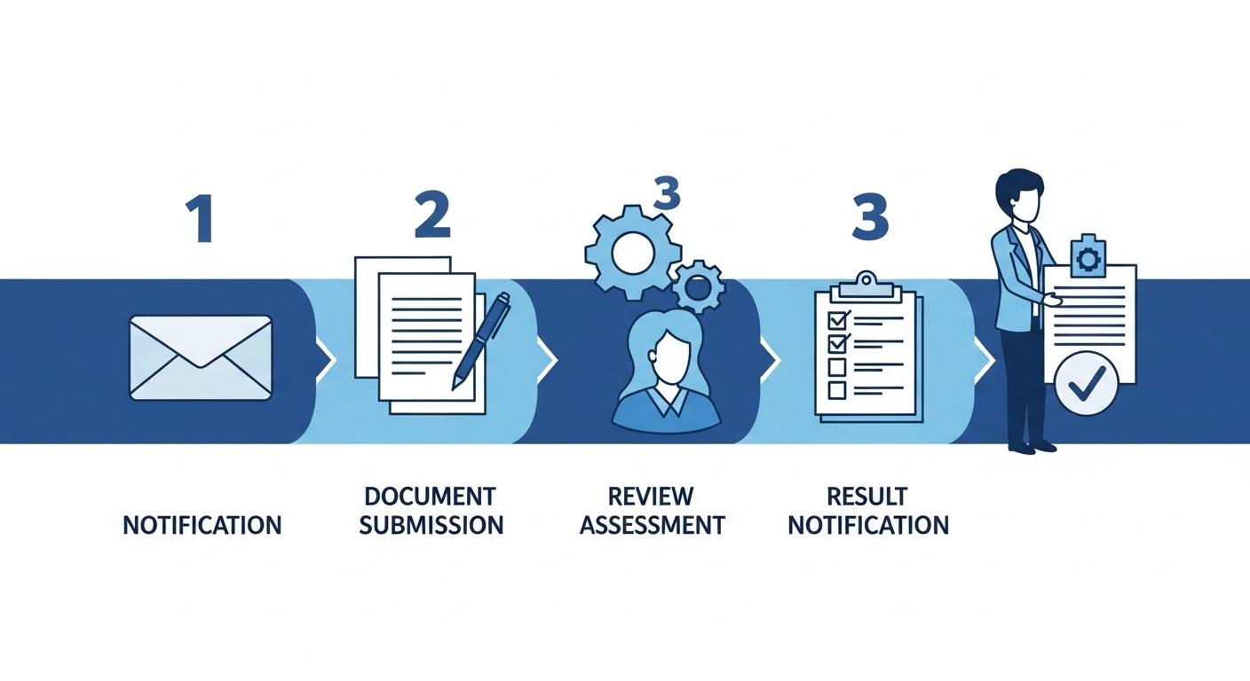사회보장급여 정기 확인조사 절차를 보여주는 인포그래픽: 통보, 자료 제출, 심사, 결과 통보 단계를 나타냄.
