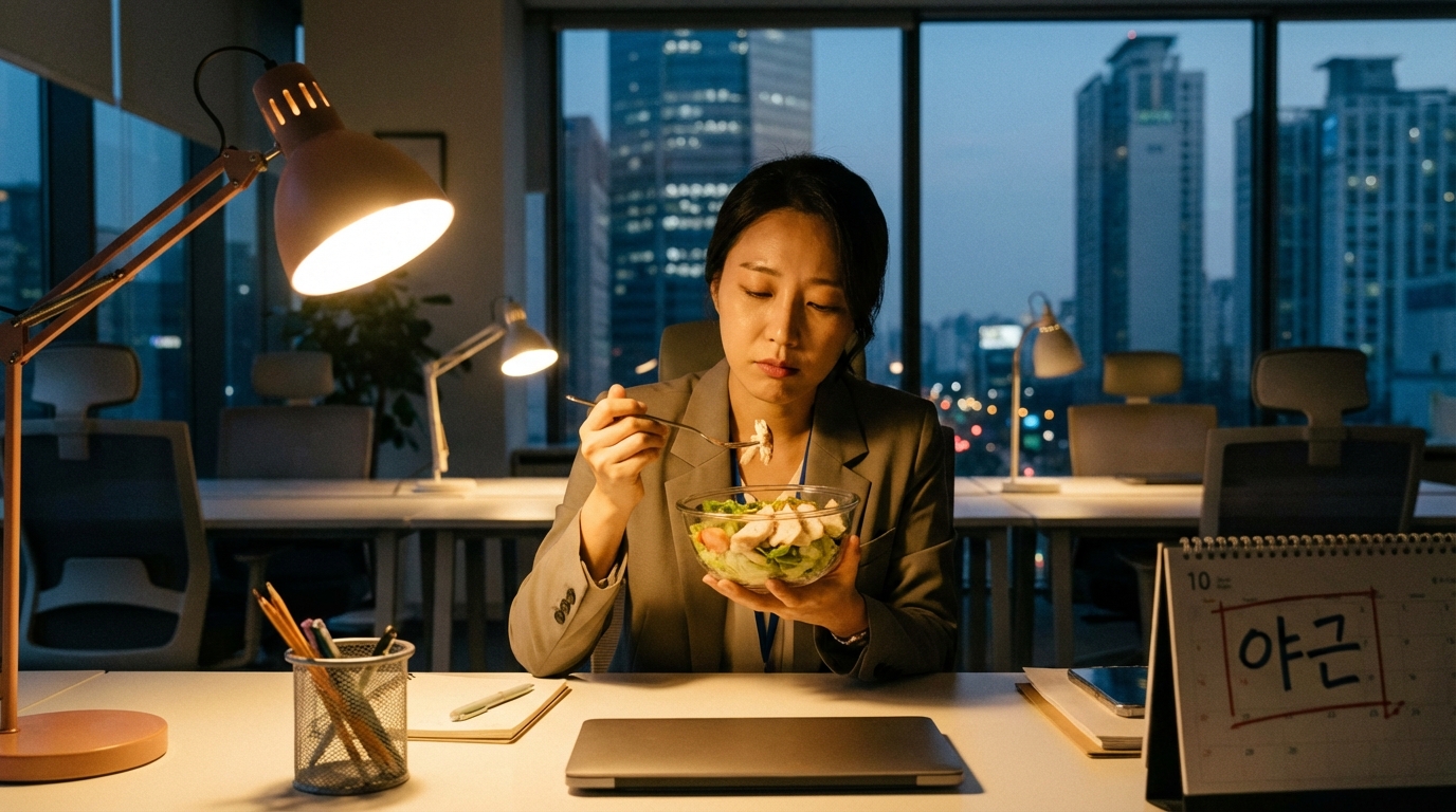 늦은 밤 사무실에서 닭가슴살 샐러드로 가벼운 야근 식사를 하는 직장인
