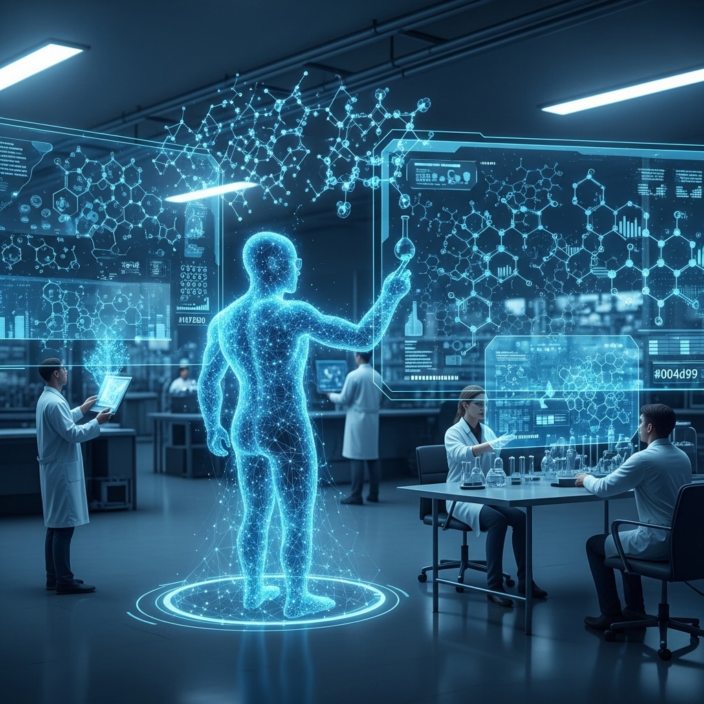 인공지능이 복잡한 생체 데이터를 분석하고 과학자와 협력하여 신약 개발을 가속화하는 미래형 연구실 모습