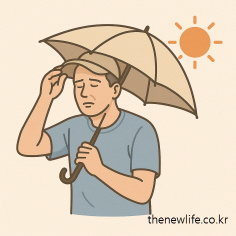 A middle-aged man uses a large parasol to block the sun while walking outside on a hot day / 무더운 날 야외에서 중년 남성이 양산으로 열사병 예방으로 햇볕을 차단하고 있는 모습/열사병과 일사병의 차이 설명 이미지