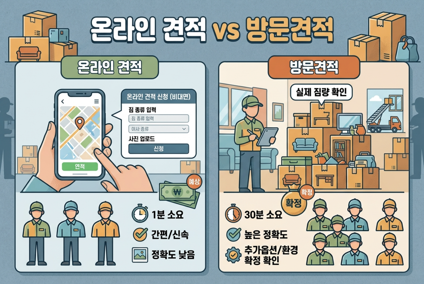 온라인 이사 견적과 방문견적의 짐량 차량 인원 차이를 비교하는 이미지