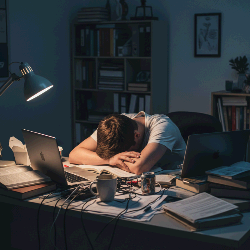쌓여 있는 서류와 책상에 엎드려 잠들어 있는 직장인/학생의 모습으로, 과도한 업무와 학업으로 인한 번아웃을 상징합니다.