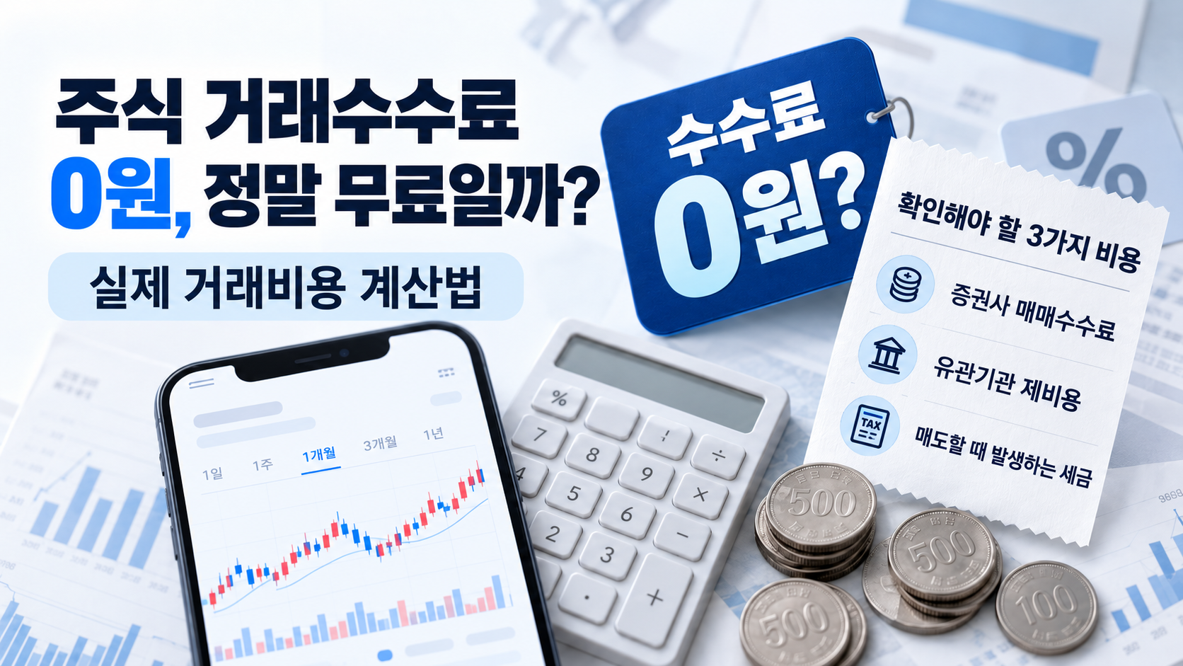 주식 거래수수료 0원 혜택과 실제 거래비용을 설명하는 이미지. 스마트폰 주식 차트와 계산기, 동전, 증권사 매매수수료&middot;유관기관 제비용&middot;매도 시 세금 등 세 가지 확인 항목이 표시되어 있다.