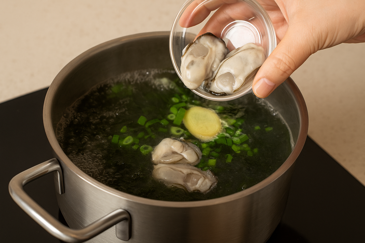 끓는 육수에 굴을 넣는 조리 과정—대파·생강이 보이는 매생이 국