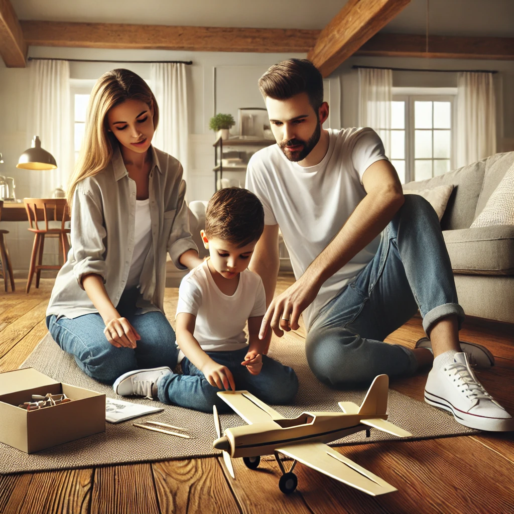 아늑한 거실 바닥에 앉아 작은 모형 비행기를 함께 조립하는 가족의 모습. 부모는 아이를 지도하며 격려하고 있으며&amp;#44; 팀워크와 성취감을 느낄 수 있는 장면
