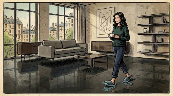 A sophisticated, ultra-minimalist interior with floating furniture and no items on the floor. The floor is a sleek, dark polished material. A person is walking across the room wearing microfiber slippers, looking relaxed and holding a coffee, symbolizing effortless cleaning through environment design.