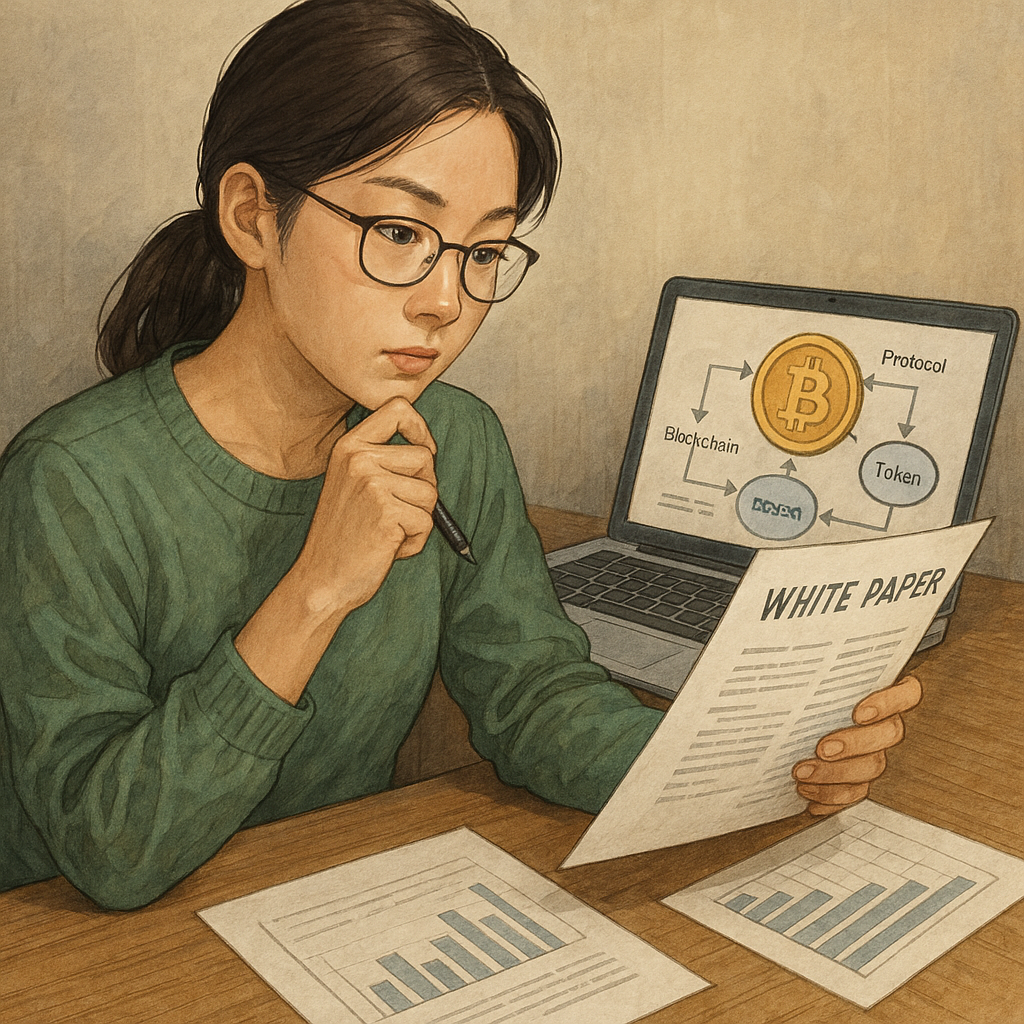 “코인 백서와 구조를 분석하며 투자 전략을 세우는 모습”