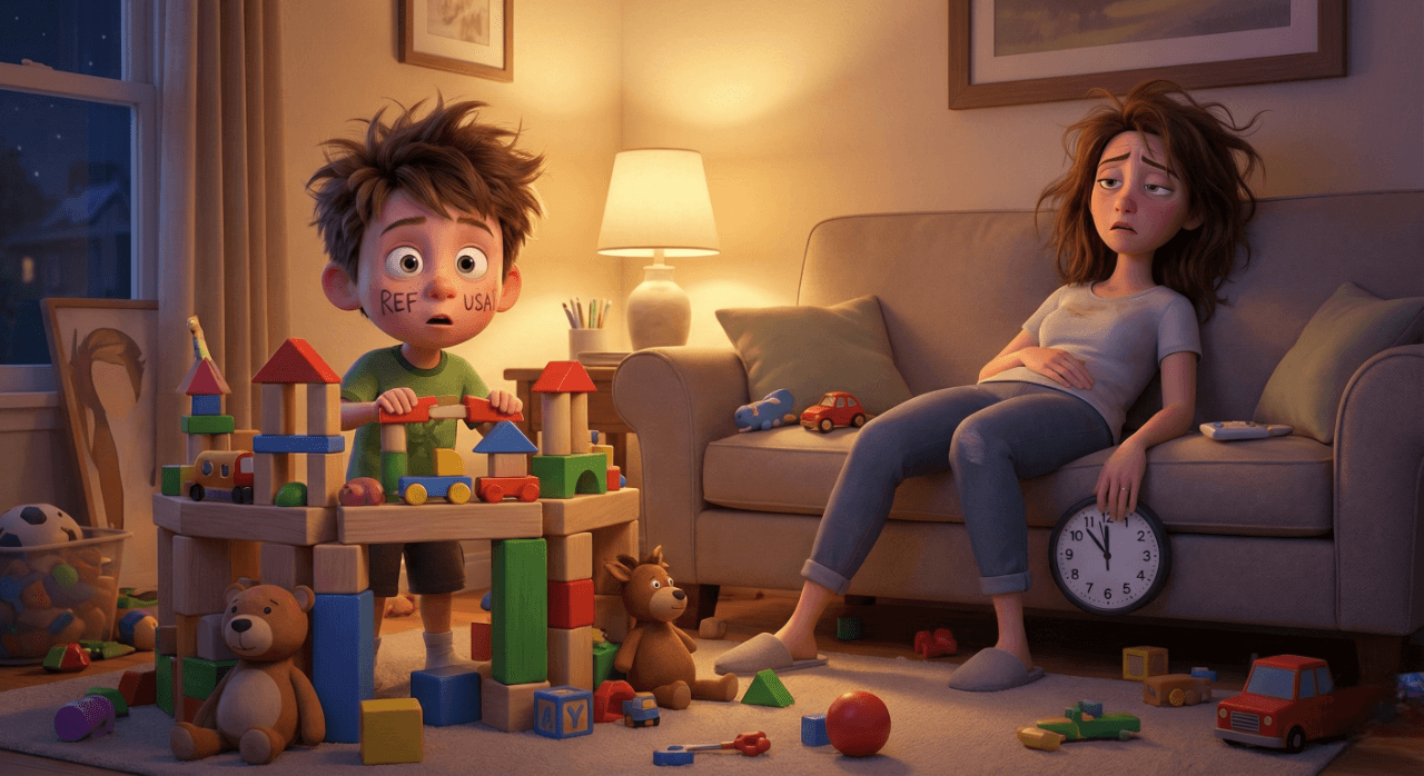 밤늦은 시간 거실에서 장난감을 가지고 놀며 안 자겠다고 버티는 7살 아이와 지친 엄마의 3D 일러스트