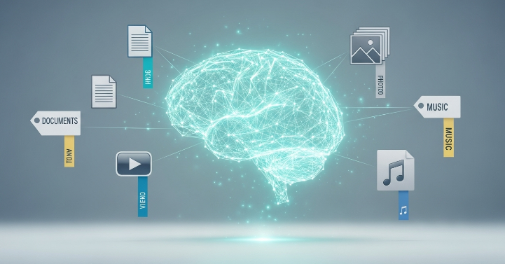 AI가 파일 내용을 분석하여 자동으로 태그를 부여하는 개념을 시각화한 이미지.