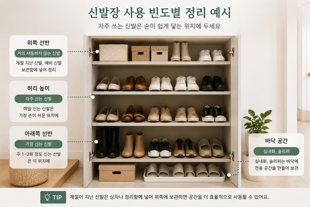 사용 빈도에 따라 신발장을 위·중간·아래 선반으로 나누어 효율적으로 정리한 신발장 수납 예시