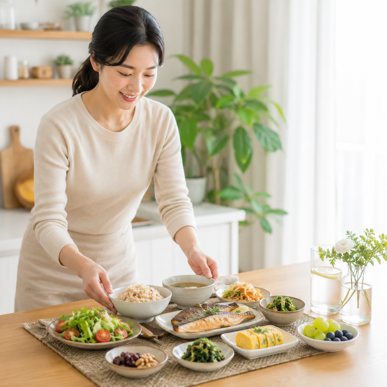 균형 잡힌 건강 식단을 준비하는 한국인 성인의 모습