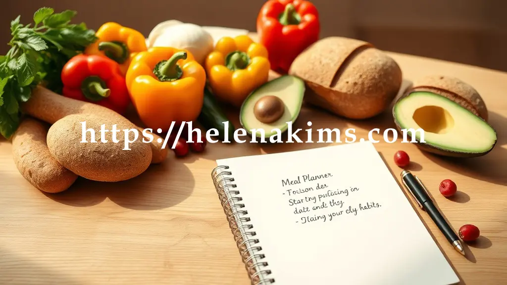 우드 테이블 위에, 정교하게 작성된 손글씨 식단 플래너 노트와 고급 펜이 놓여있다. 그 주위로 컬러풀한 신선한 채소(파프리카, 아보카도), 통곡물 빵, 작은 베리류 몇 알이 마치 보석처럼 가지런히 배열되어 있다.