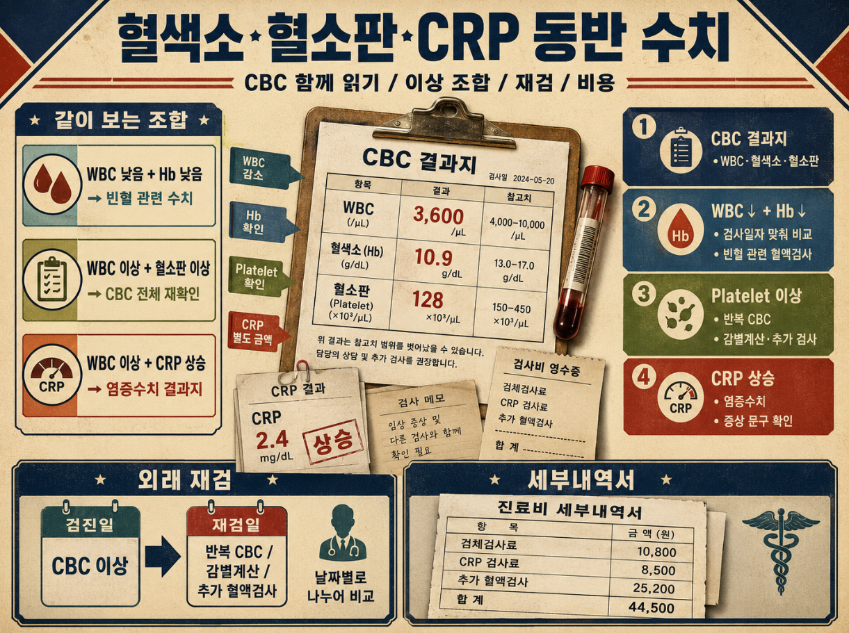 CBC 결과지에서 혈색소·혈소판·CRP를 WBC와 함께 읽는 방법, 이상 조합별 재검 흐름, 외래 재검과 세부내역서 비용 항목을 설명한 의료 포스터
