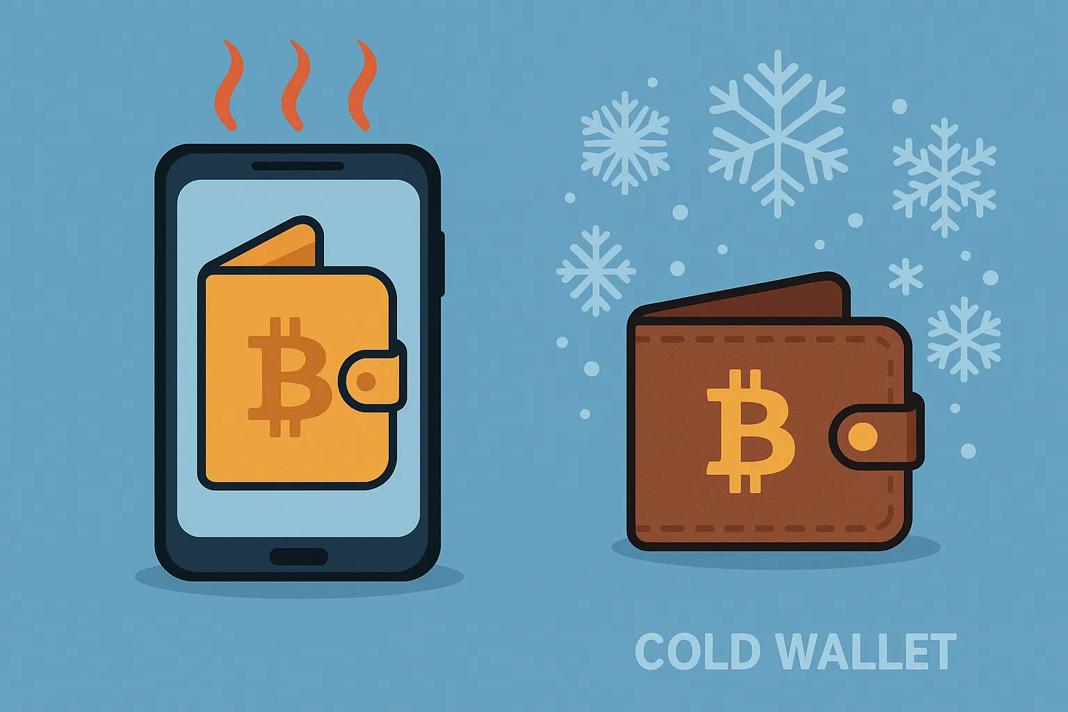 스마트폰-속-핫월렛과-보안이-강화된-콜드월렛을-대비시켜-암호화폐-저장방식의-차이와-보안성을-시각적으로-표현한-디지털-일러스트