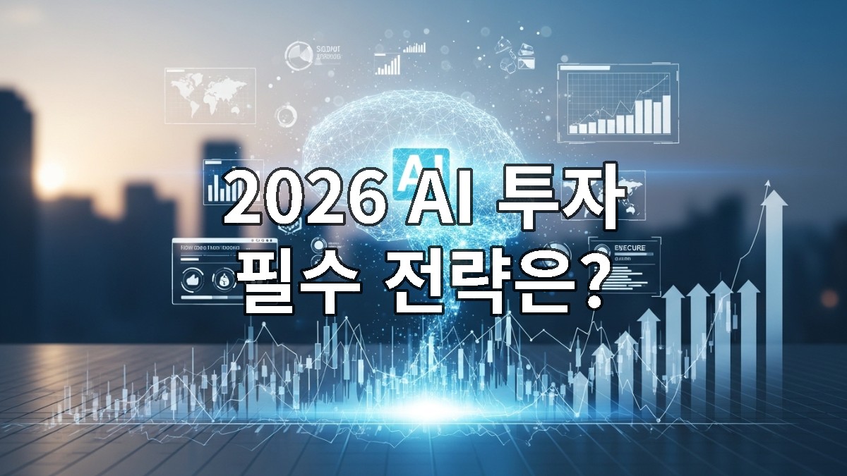 2026년 AI 기술이 주식 시장 차트와 금융 데이터를 분석하며 투자 포트폴리오를 최적화하는 미래 금융 시장의 모습.