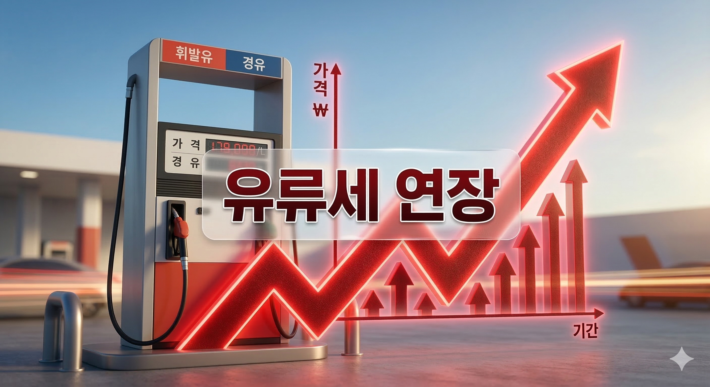 상승하는 붉은색 그래프와 주유기 배경에 '유류세 연장'이라는 한글 문구가 중앙에 적힌 3D 일러스트