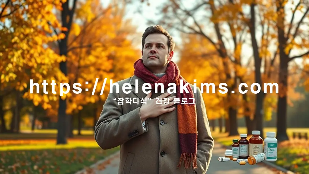 가을 단풍으로 물든 고요한 공원에서, 따뜻한 코트를 입은 남성이 한 손으로 가슴을 감싸며 편안하지만 사려 깊게 건강을 돌보는 모습. 주변에 놓인 약병들 모습.