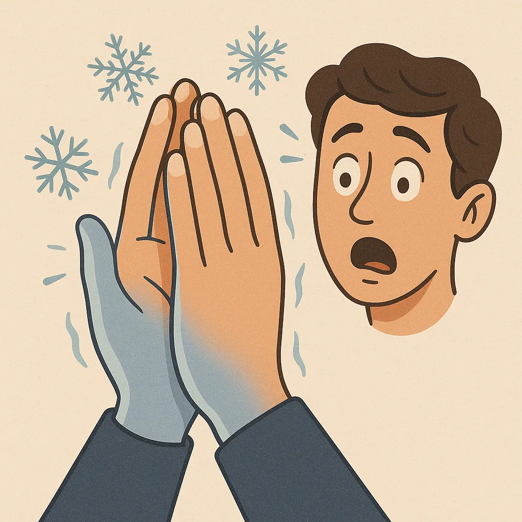손이-차가워지는-이유를-표현한-일러스트로,-남성이-놀란-표정으로-푸른빛을-띤-손을-모아-따뜻하게-하려는-모습을-사실적이면서도-감정적으로-묘사함.