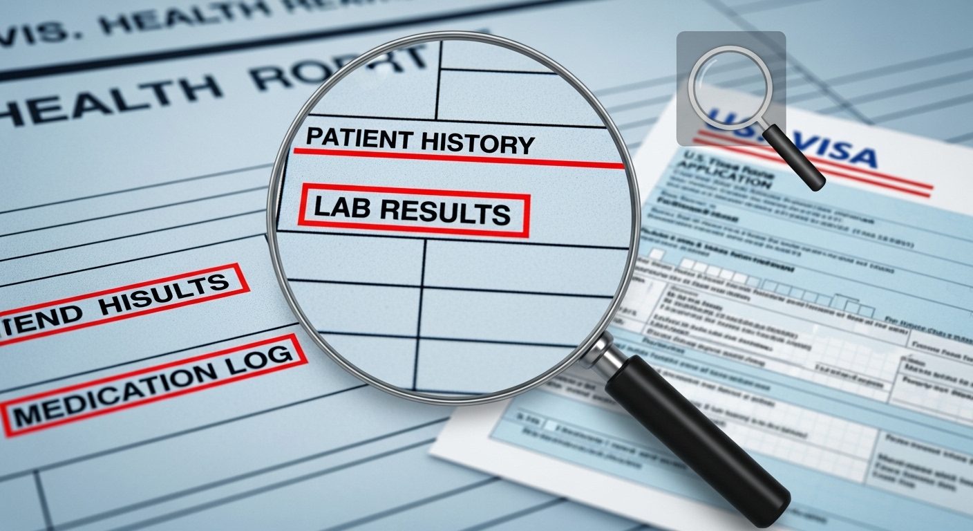 미국 비자 신청 시 건강 기록이 엄격하게 심사되는 모습을 상징하는 확대된 의료 기록 차트와 비자 신청서.