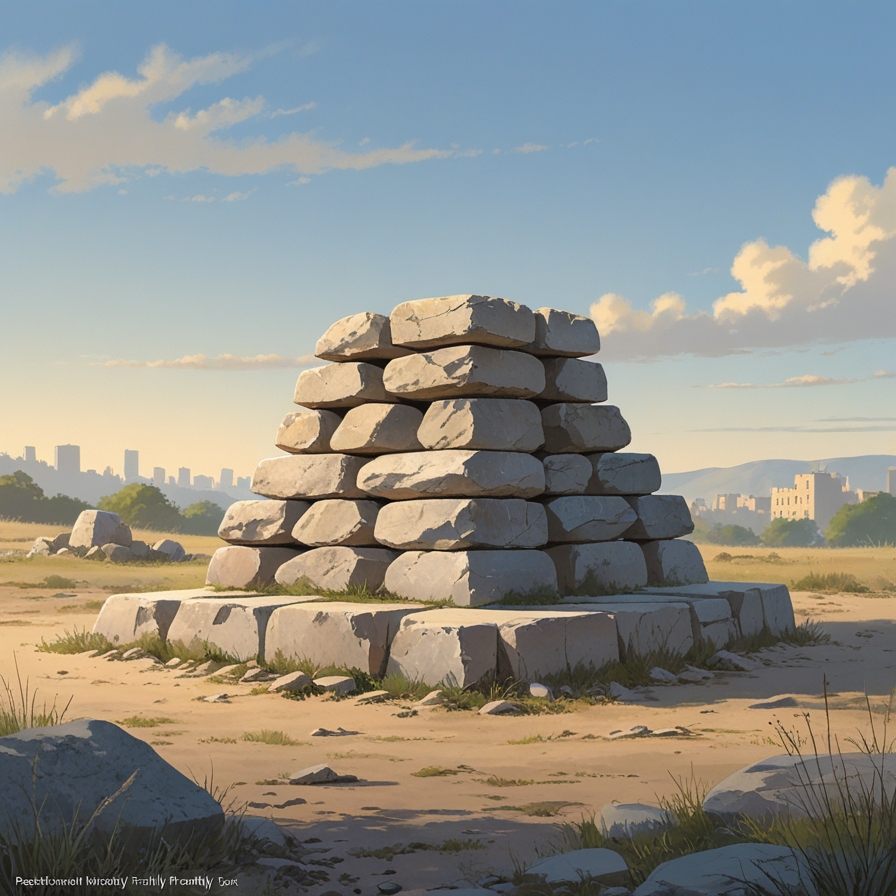 사람의 흔적이 거의 없는 자연 속에 돌로 쌓은 제단이 놓인 장면을 통해 아브라함의 예배 행위를 상징적으로 표현한 이미지